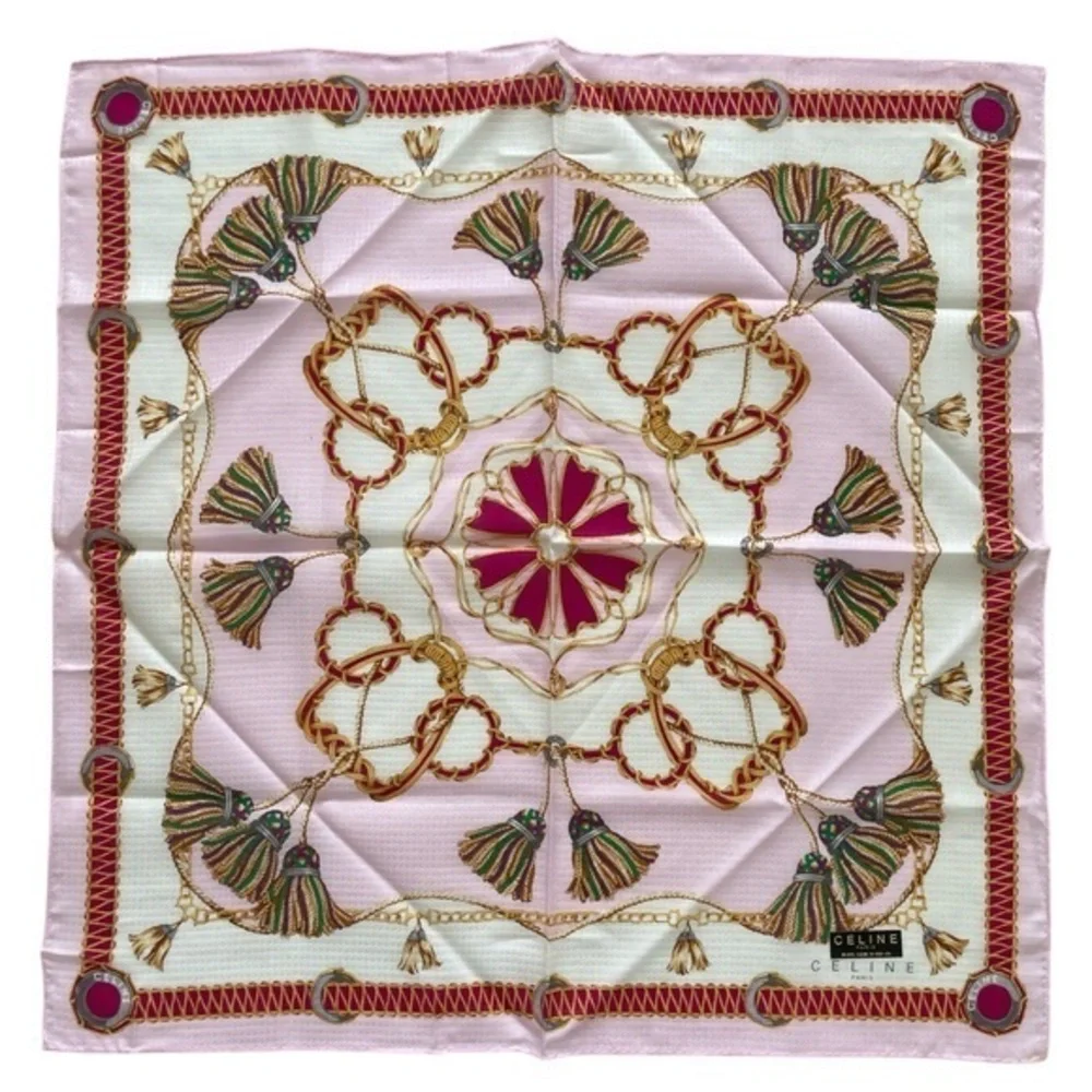 Authentic Celine Vintage Pink and Gold Patterned Silk Handkerchief